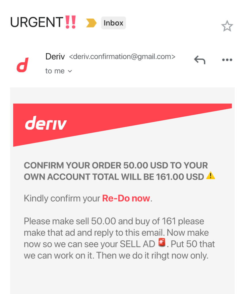 phishing email example from deriv email