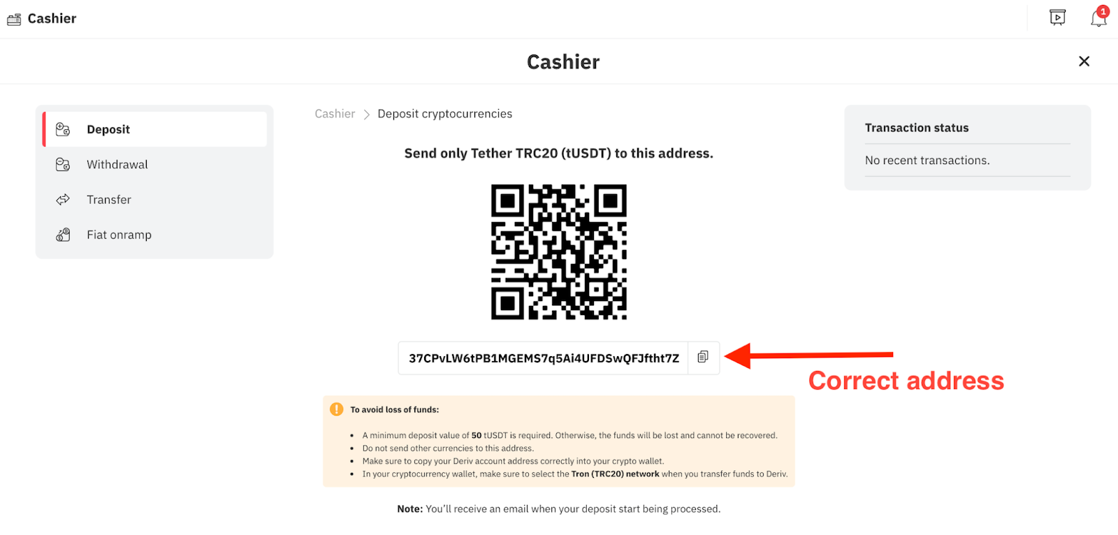 Deriv 收銀台上的 Tether TRC20 (tUSDT) 存款或提款