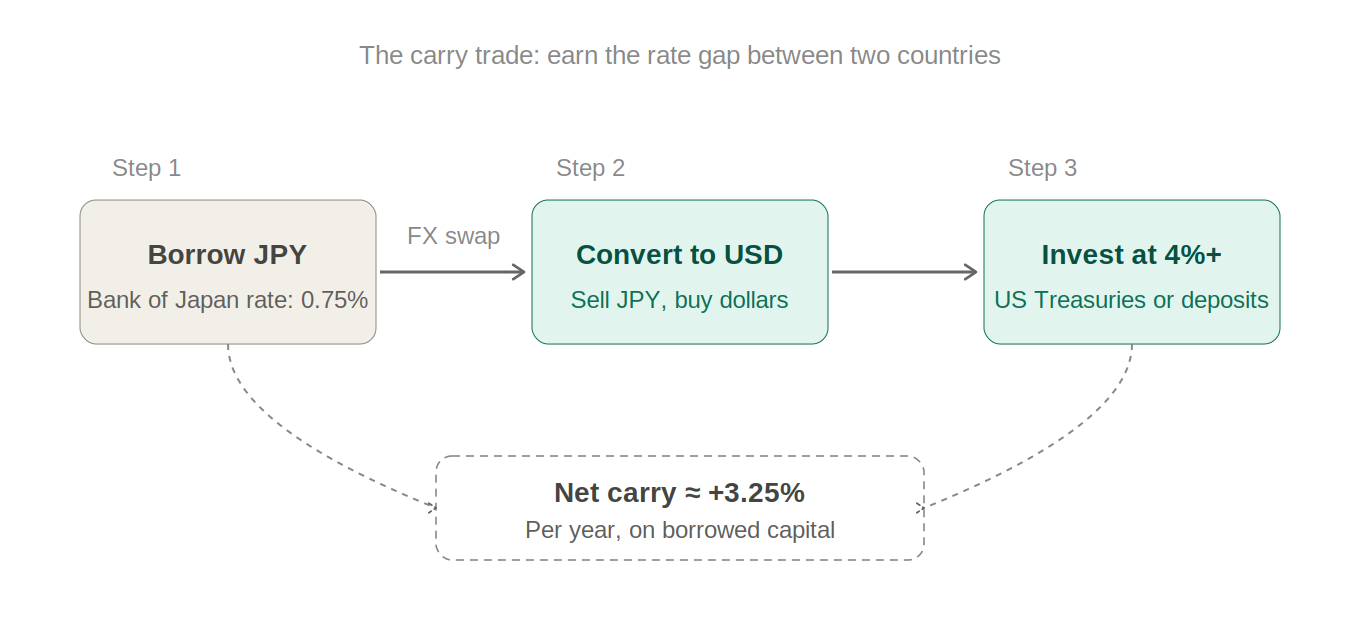 Borrow JPY at 0.75%, convert to USD, invest at 4%+, net carry ~3.25%