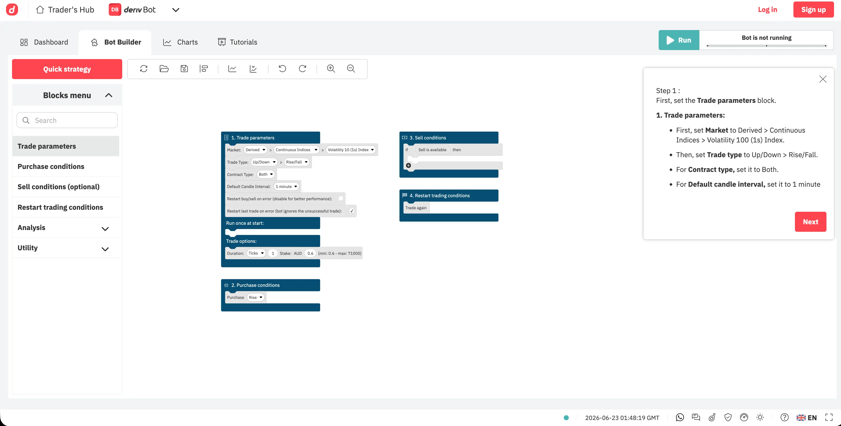 Deriv Bot interface featuring a drag-and-drop block builder for creating automated trading strategies