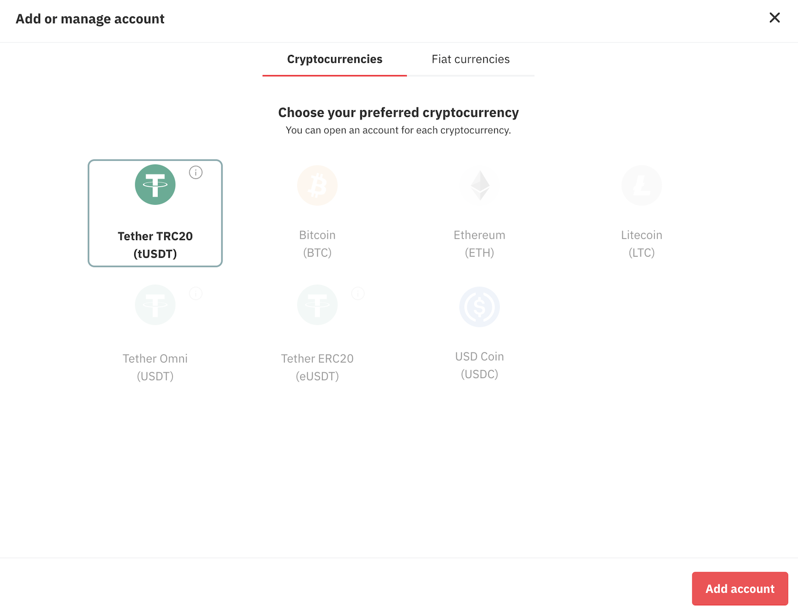 Deriv 收銀台上的 Tether TRC20 (tUSDT)