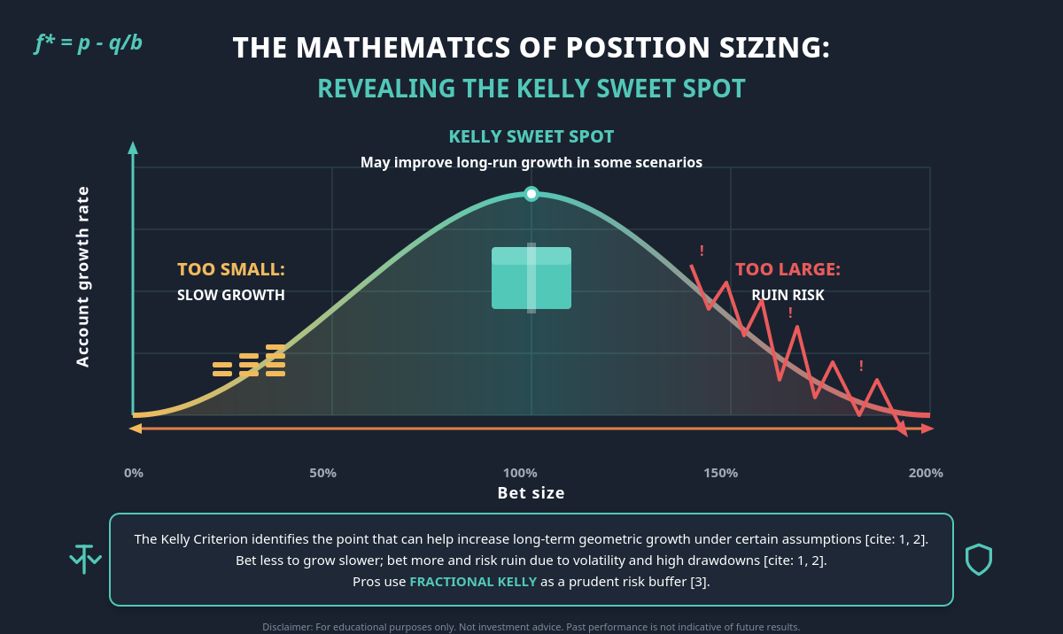 A bell-curve graph demonstrating the Kelly Criterion, plotting account growth rate against bet size. The peak indicates optimal growth, flanked by slow growth on the left and high ruin risk on the right.