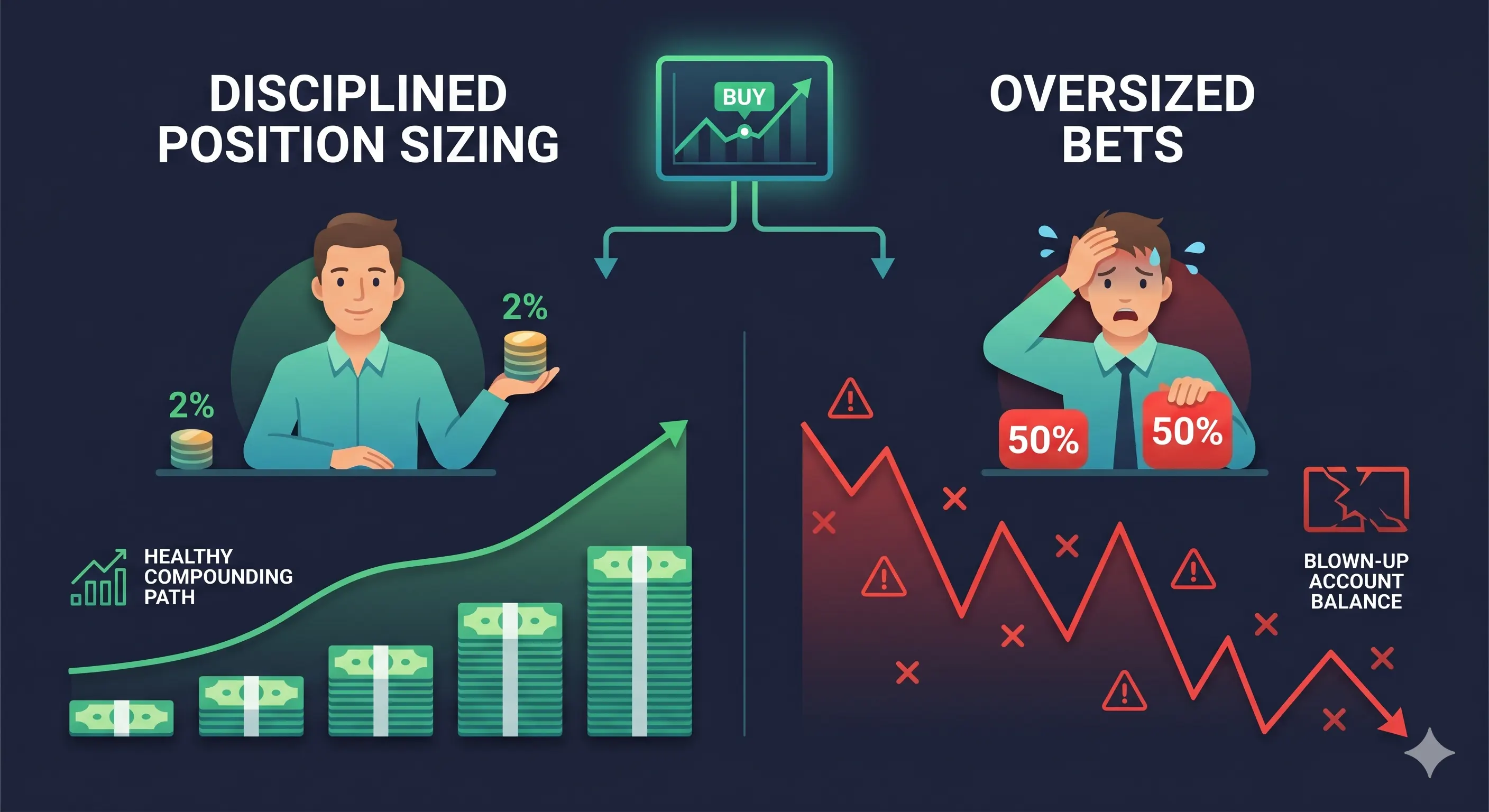 An infographic comparing two traders: one using disciplined 2% position sizing with a steadily rising account balance, and another making oversized 50% bets resulting in a crashed, blown-up account.