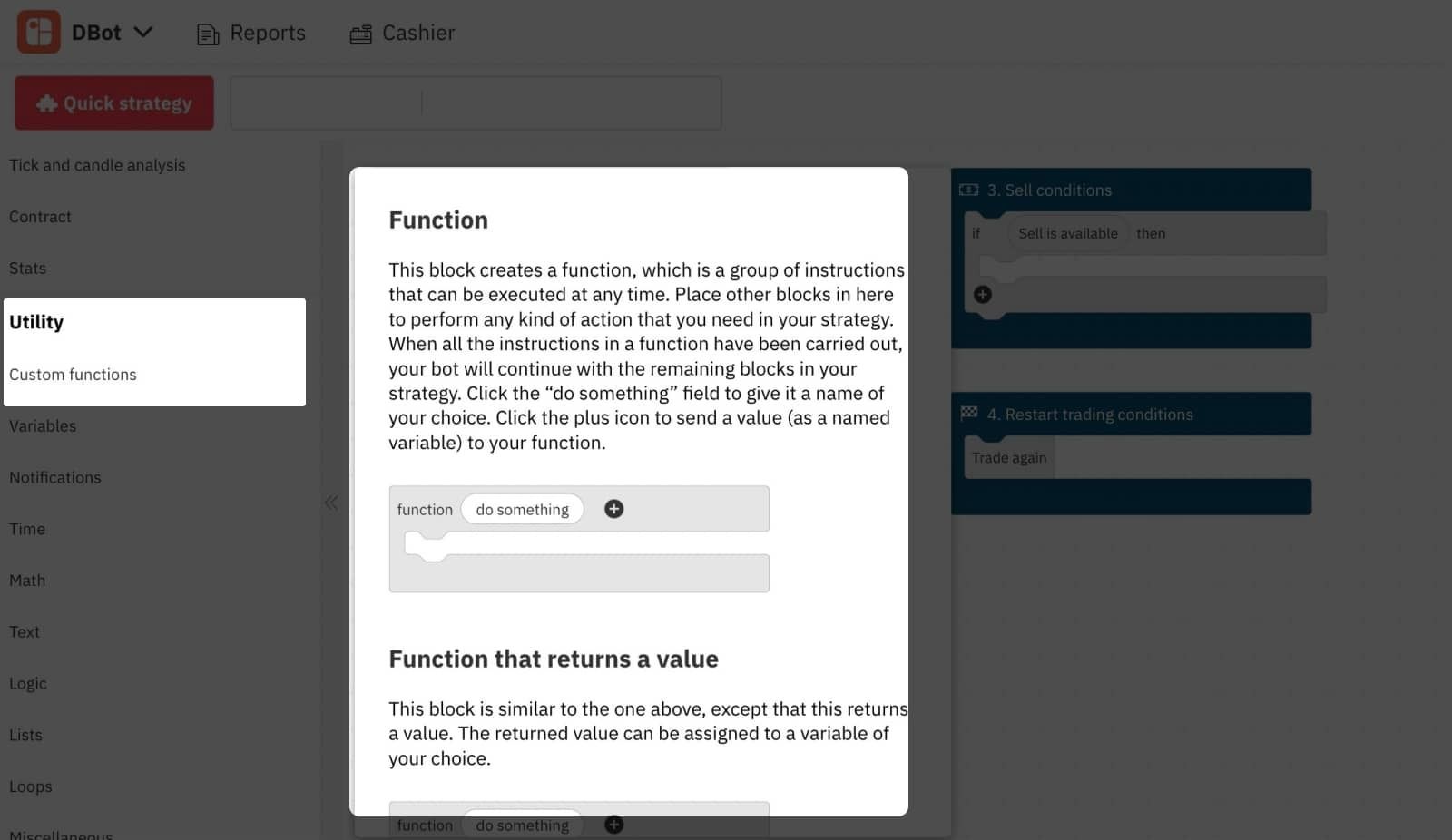 6.3. D Bot 上的 Function 区块 – Deriv 的交易机器人