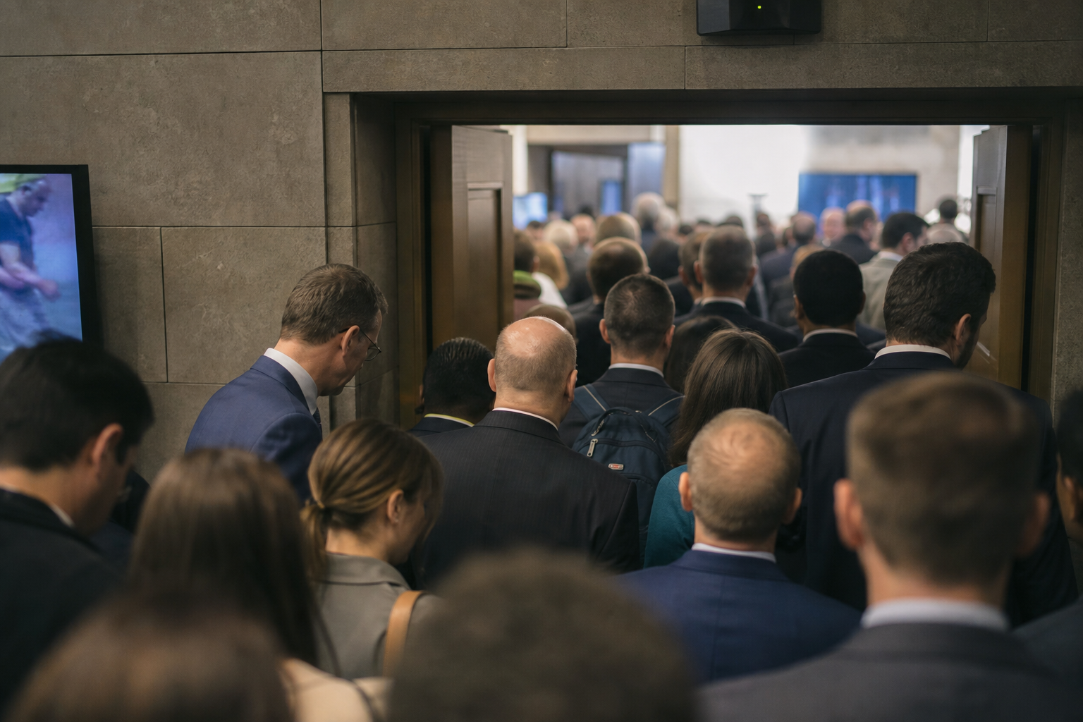 A crowd squeezing through a single narrow doorway