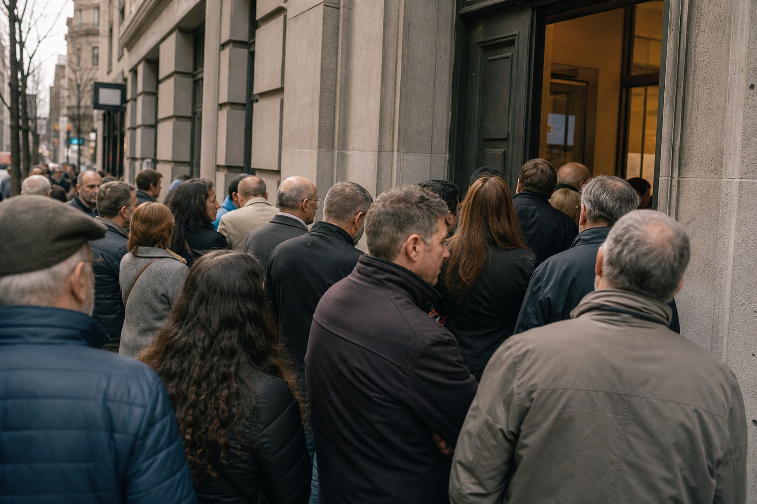 A long queue of people waiting at a single open door, suggesting more demand than supply.