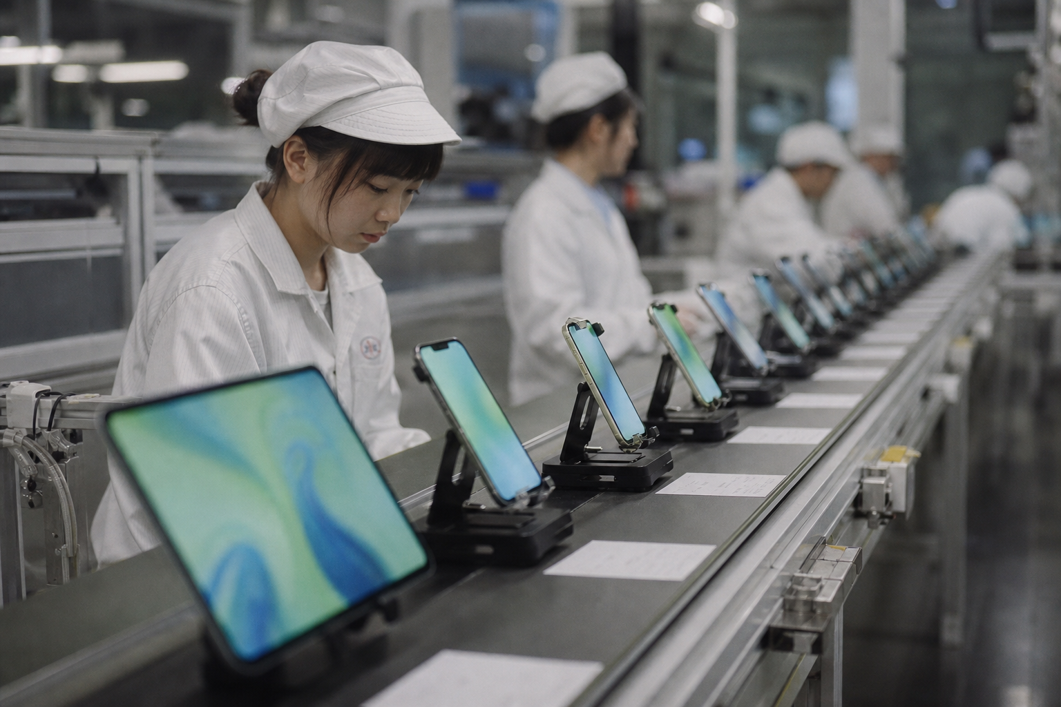 A smartphone production line with new device models lined up