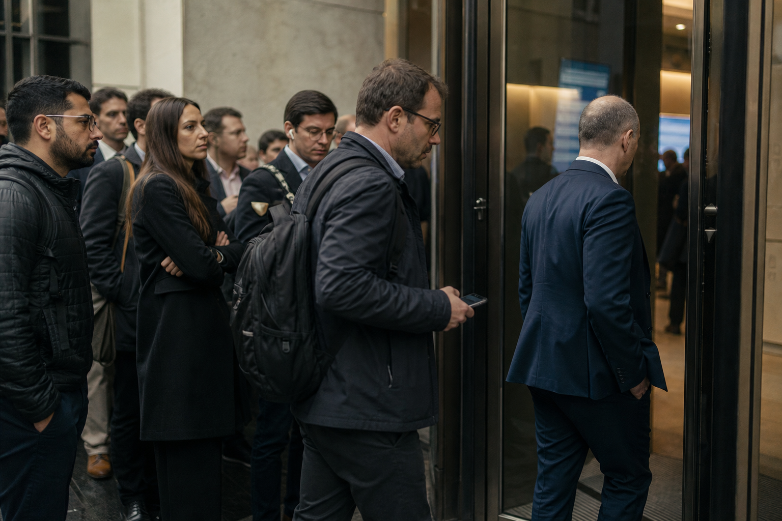 A line of people waiting at a single doorway