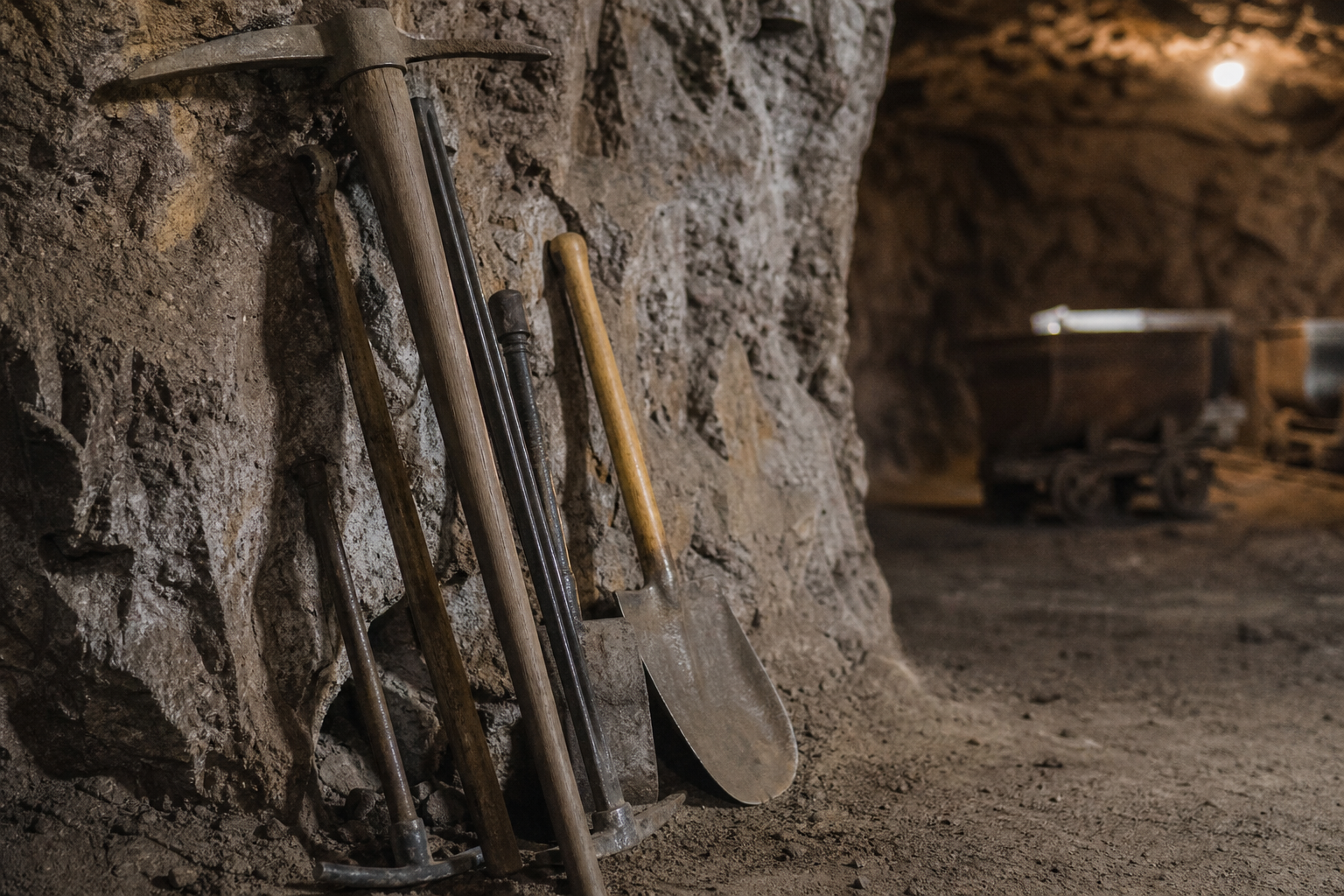 Mining picks and shovels resting against a wall, evoking the gold-rush supplier idea